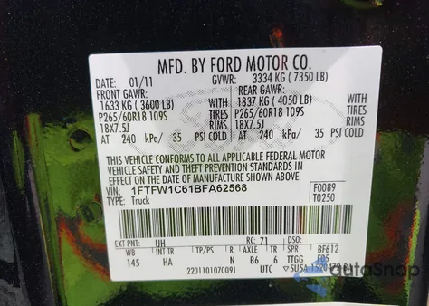 2011 Ford F-150 Lariat z USA, uszkodzony, nr VIN 1FTFW1C61BFA62568